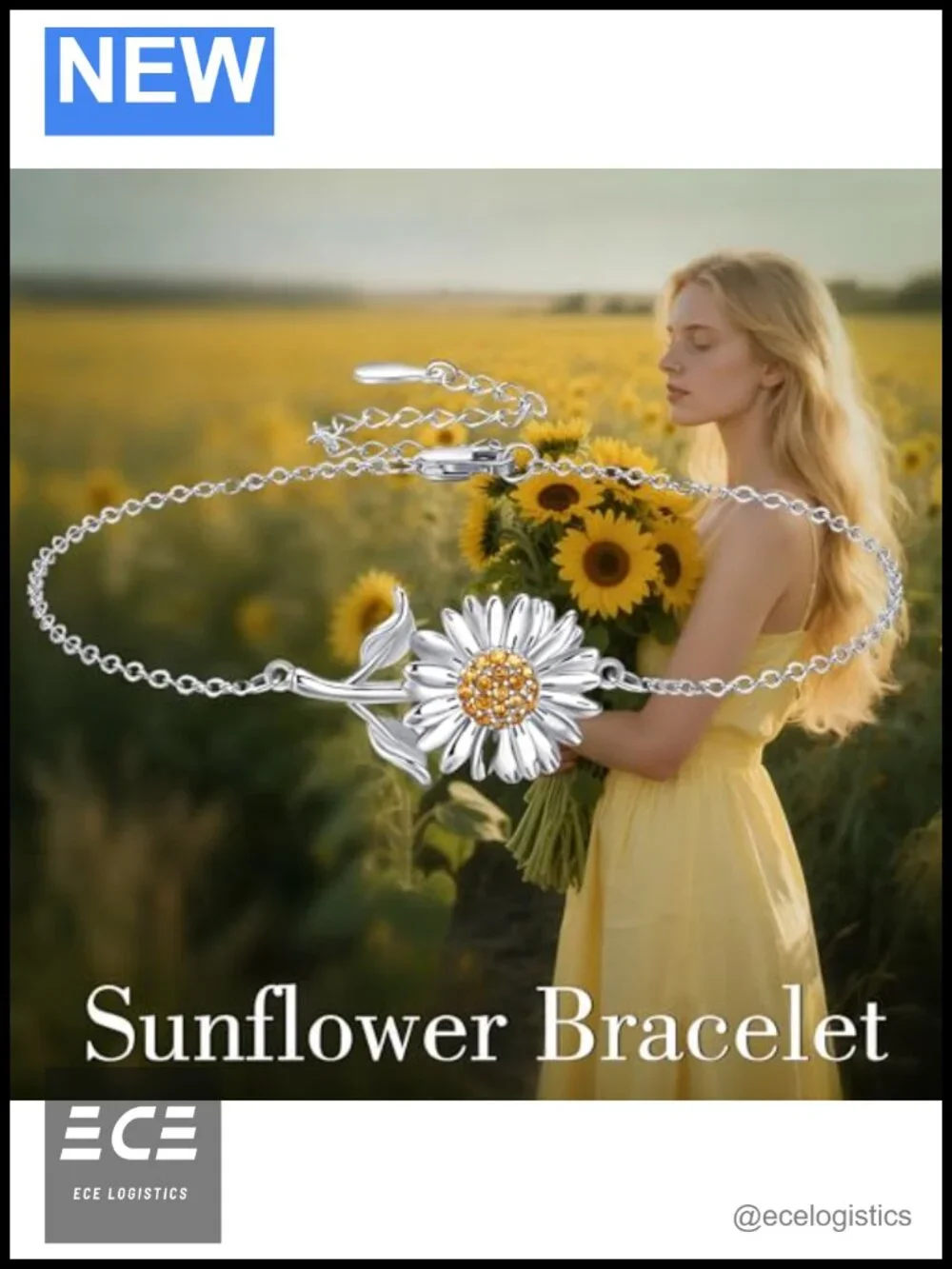 925 Sterling Silver Sunflower Link Bracelet Adjustable Chain Gift for Women
